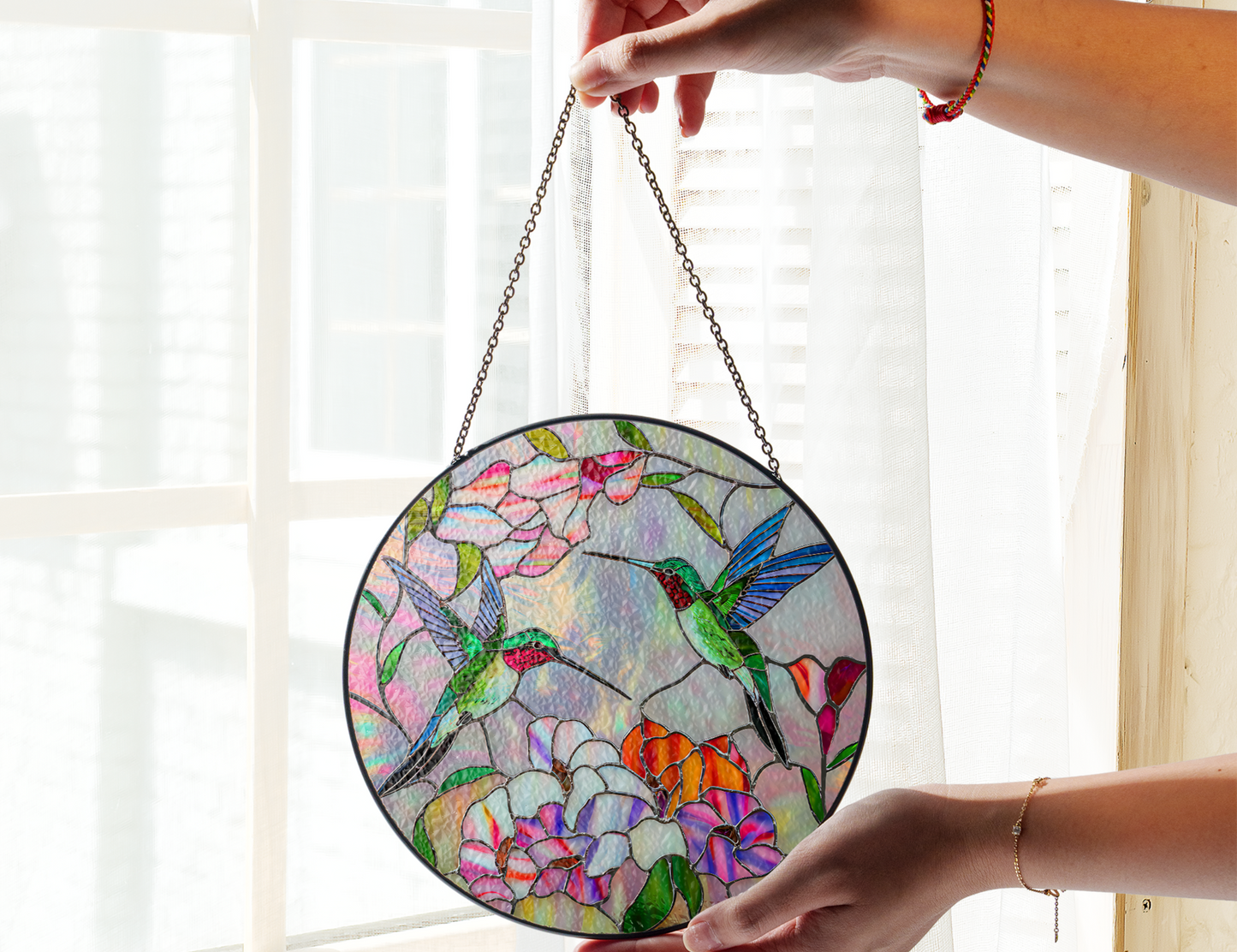 Colorful Hummingbird Faux Stained Glass Window Art