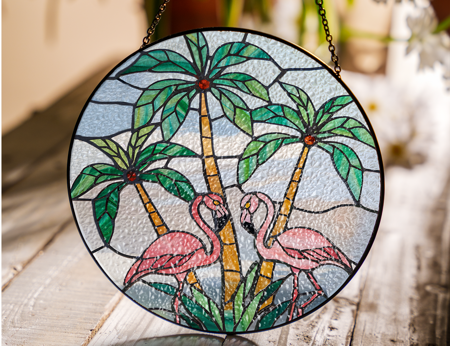 flamingos and palm trees suncatcher