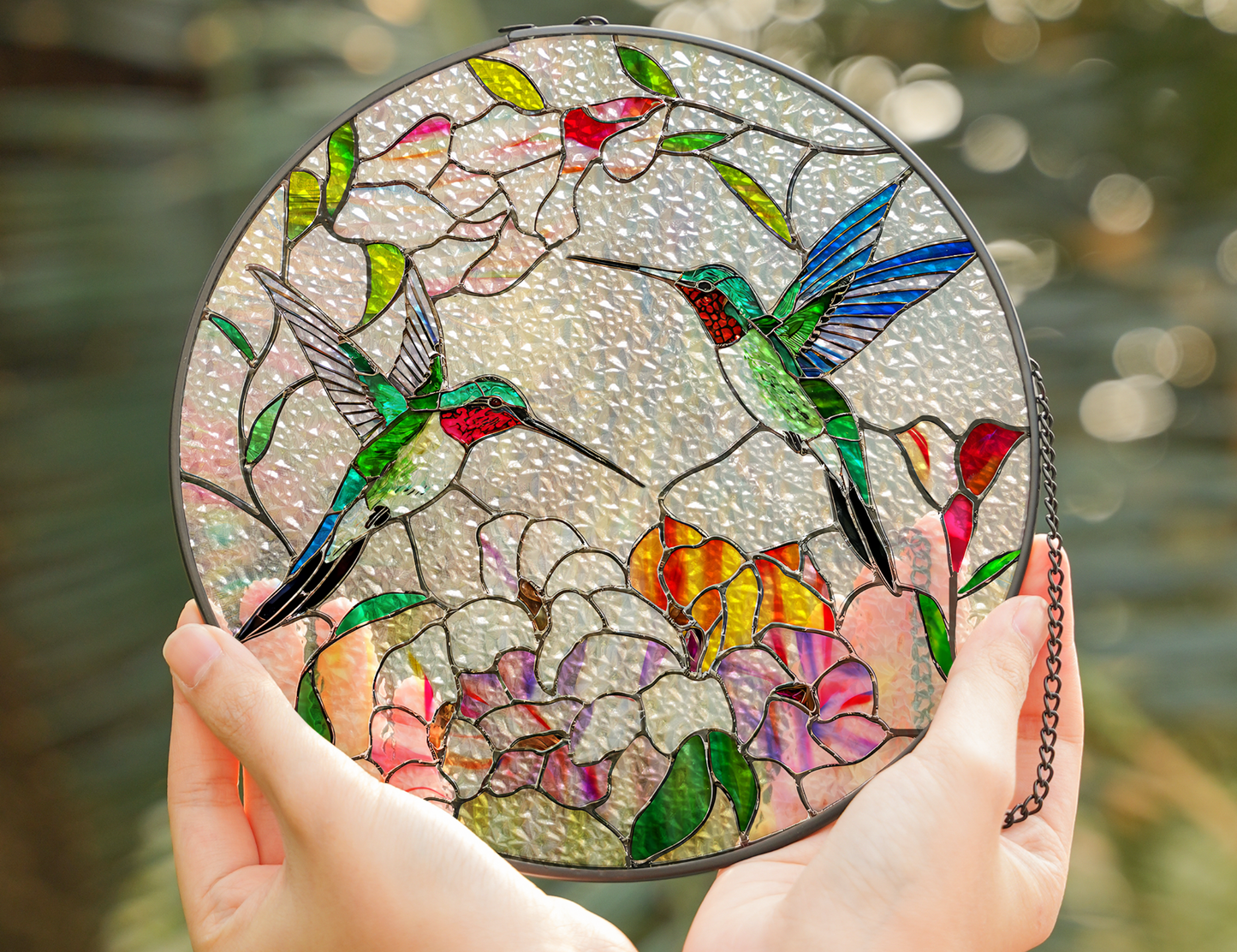 Colorful Hummingbird Faux Stained Glass Window Art