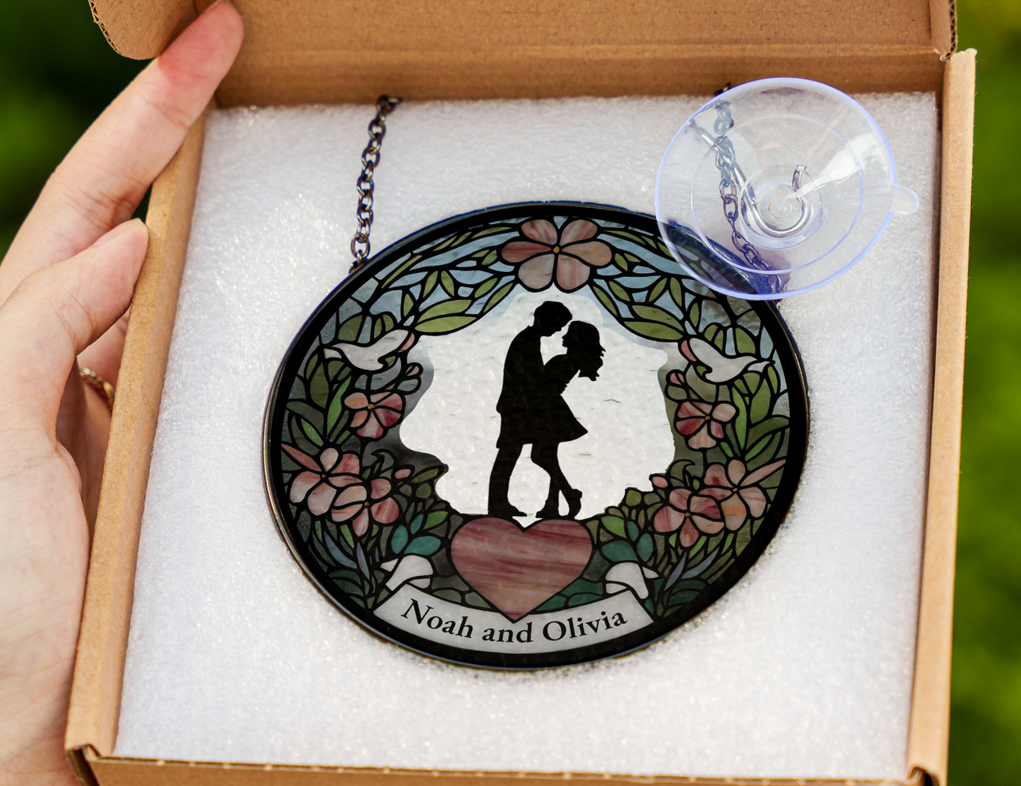 Romantic Garden Couple Faux Stained Glass Suncatcher