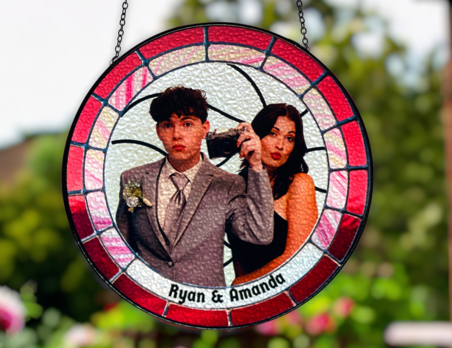 Red border custom photo couple suncatcher