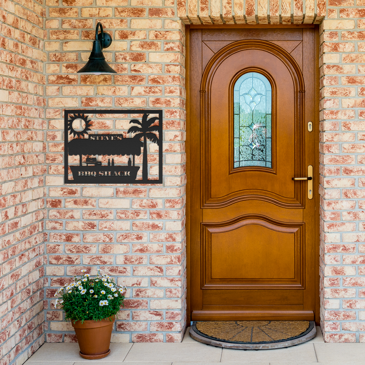 Personalized_BBQ_Metal_Wall_Art_Black_Brick_Entrance_Mockup.png