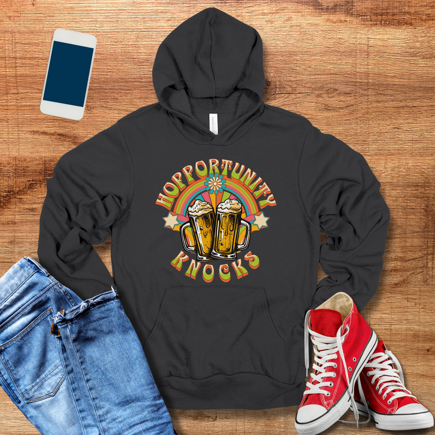 hopportunity knocks beer hoodie in dark grey