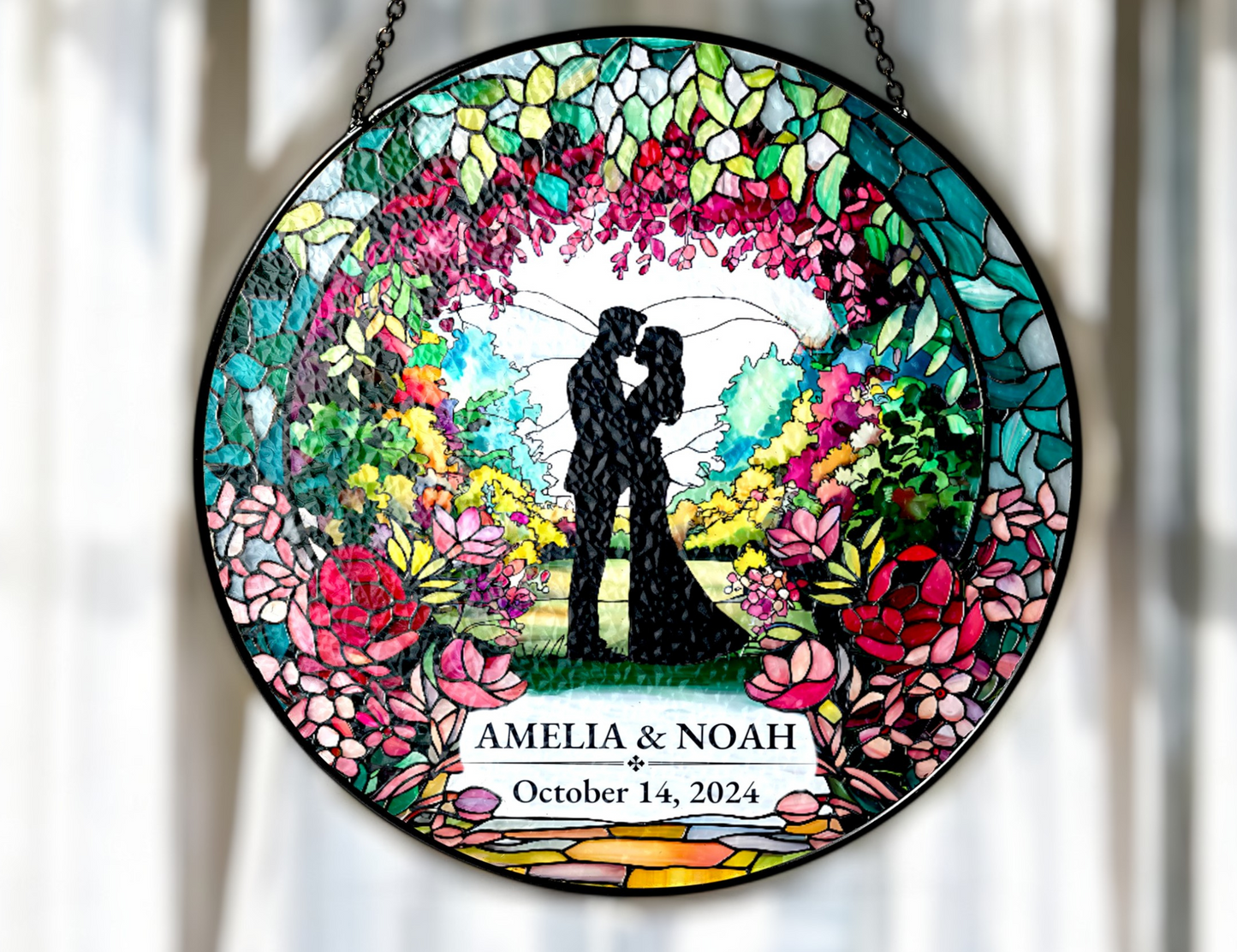 Personalized Kissing couple in garden suncatcher hanging in window