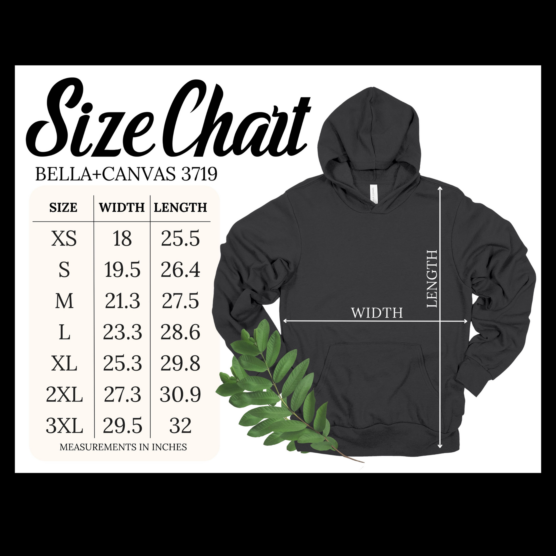 bella canvas hoodie 3719 size chart