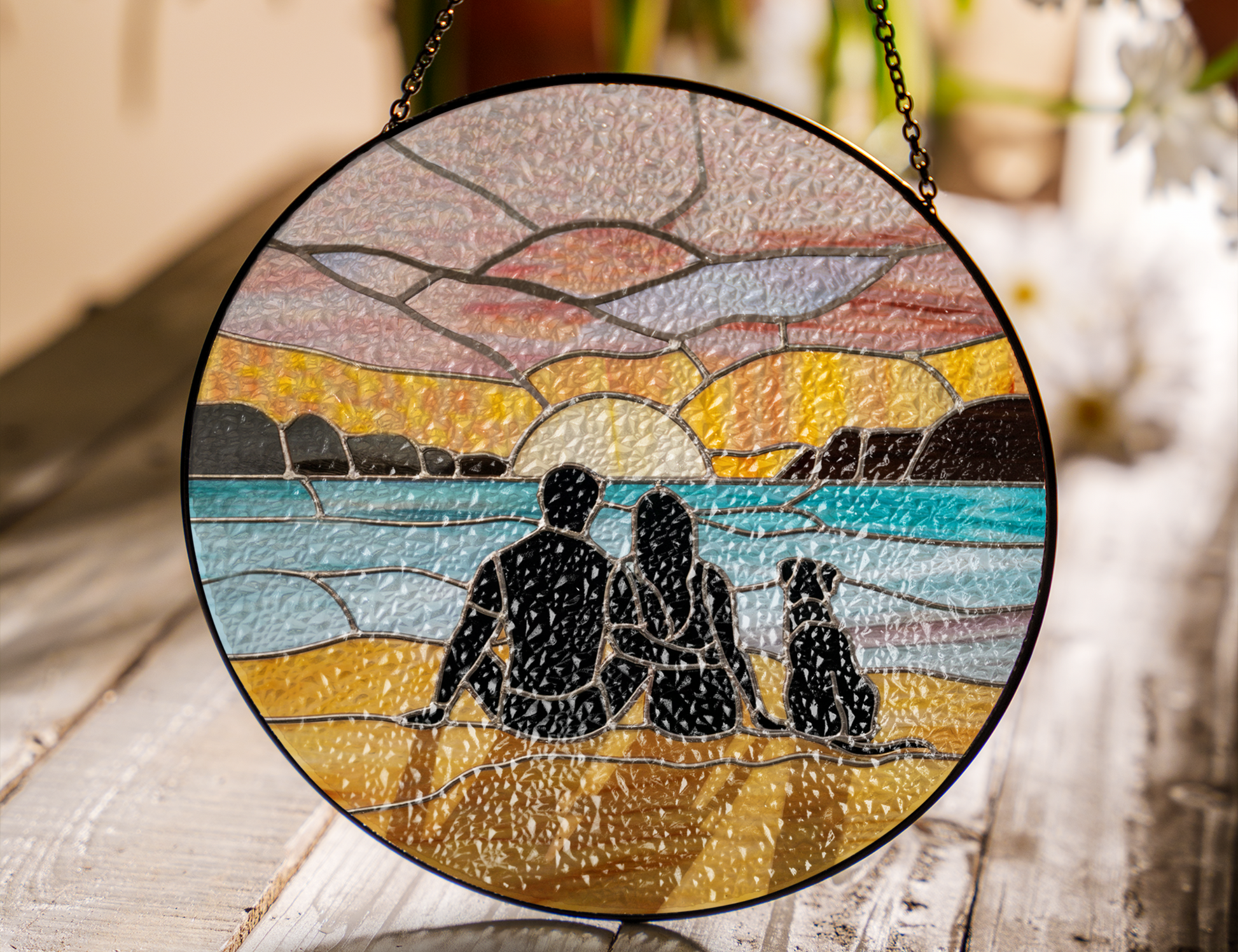 couple and dog at beach sunrise suncatcher