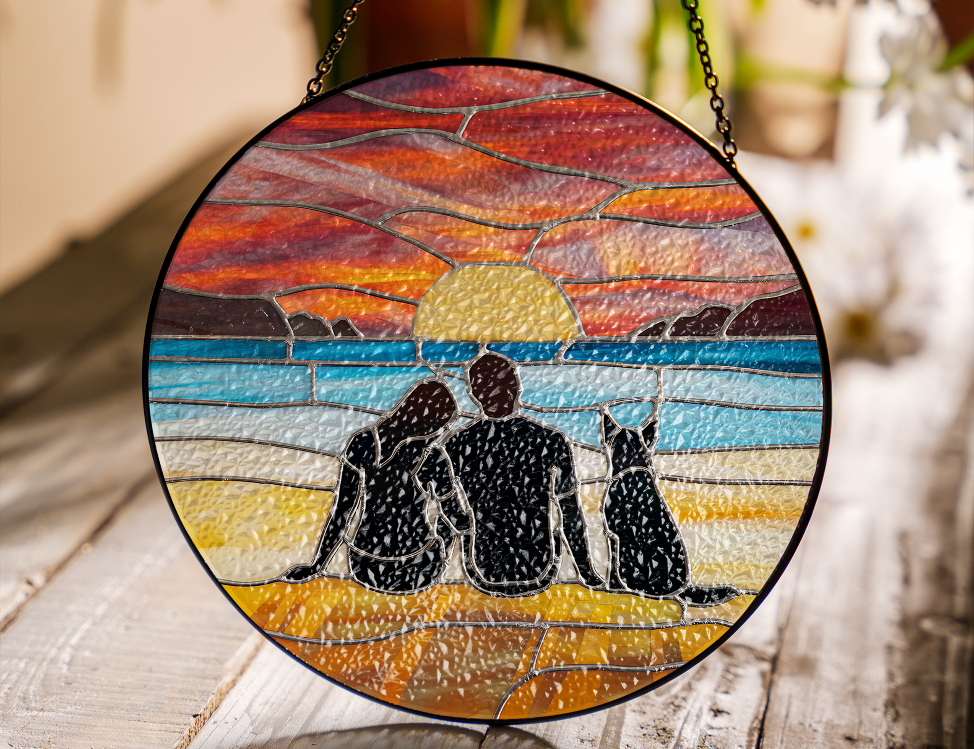 couple and dog at beach at sunset suncatcher