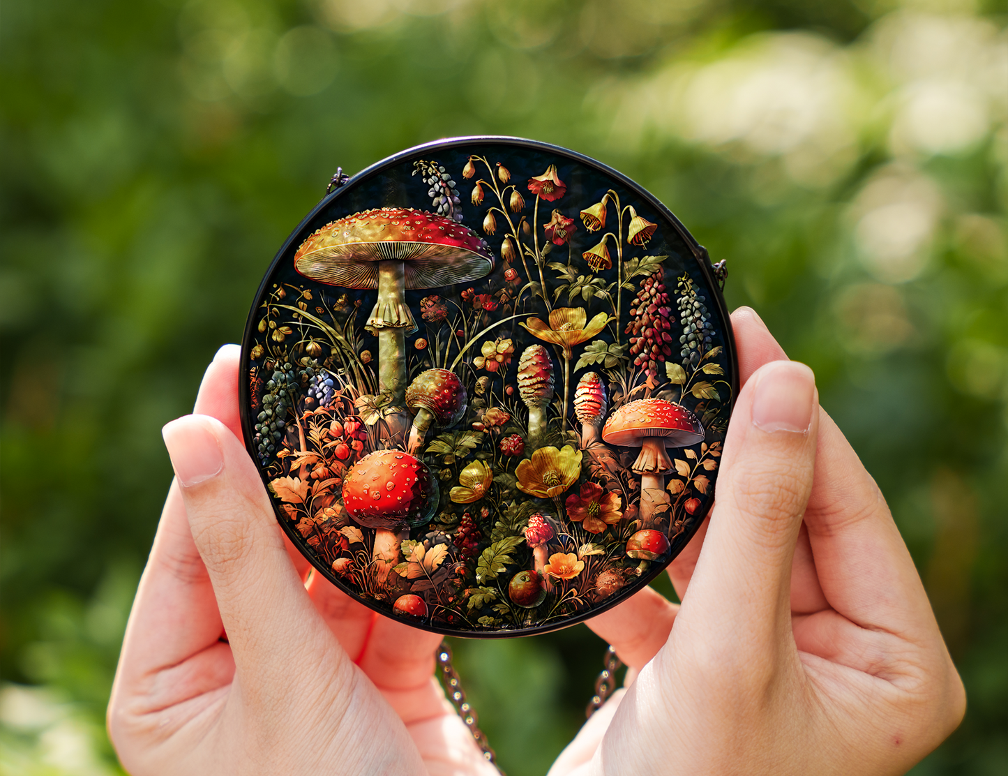 mushrooms and wildflowers suncatcher held in hands