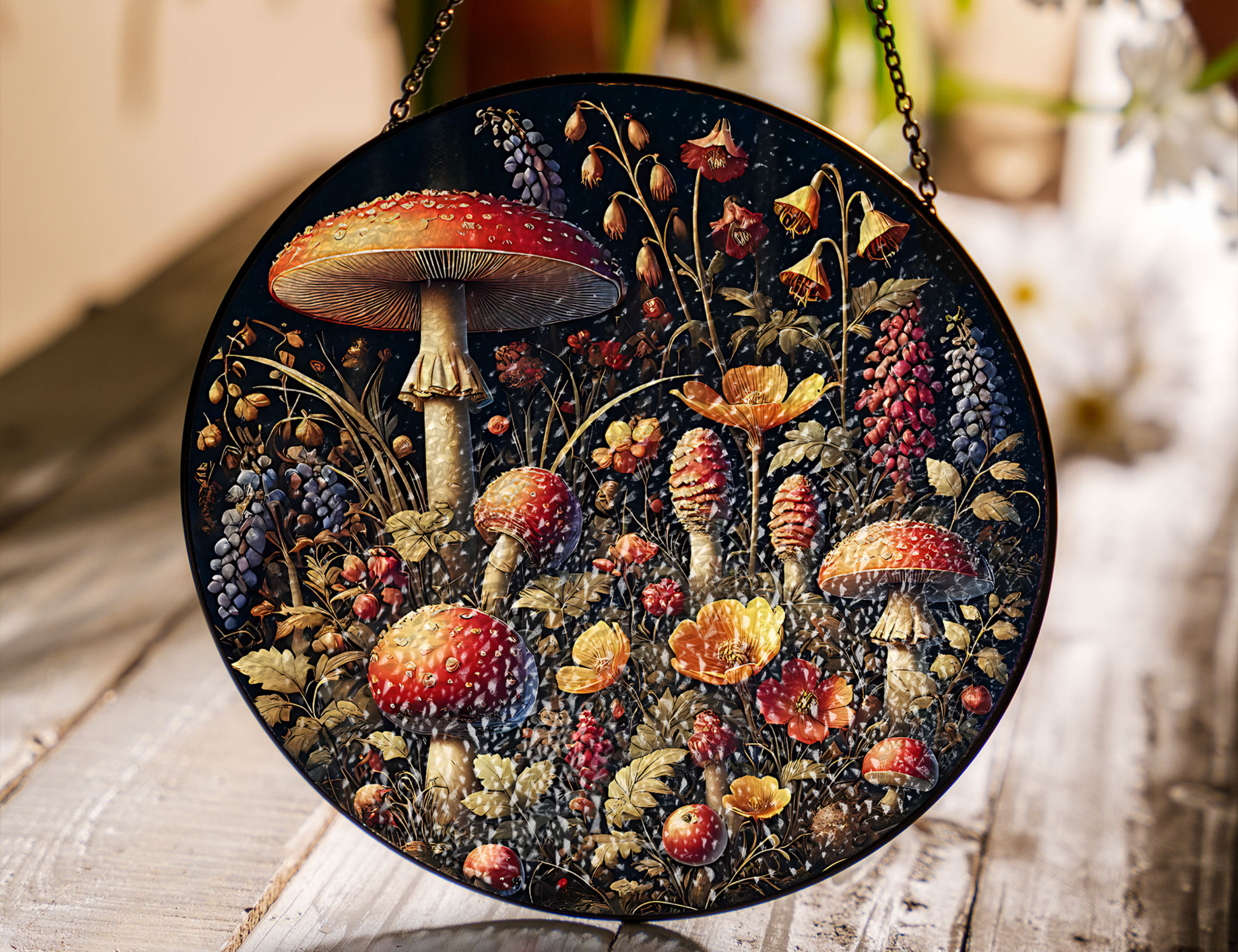 mushrooms and wildflowers suncatcher
