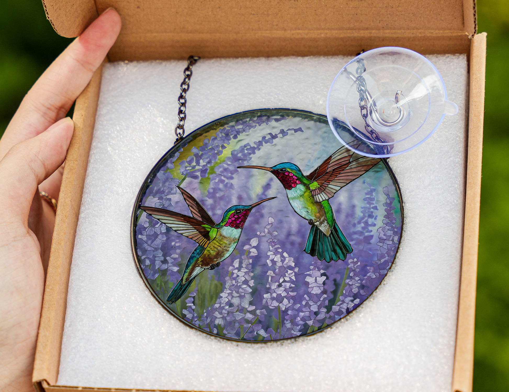 hummingbirds and lavender field suncatcher in packaging