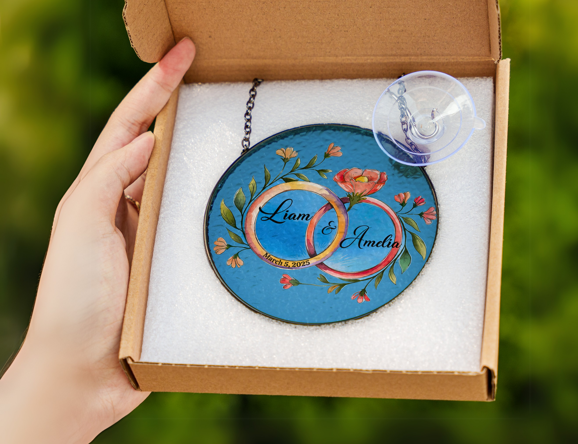 double ring floral personalized suncatcher in packaging
