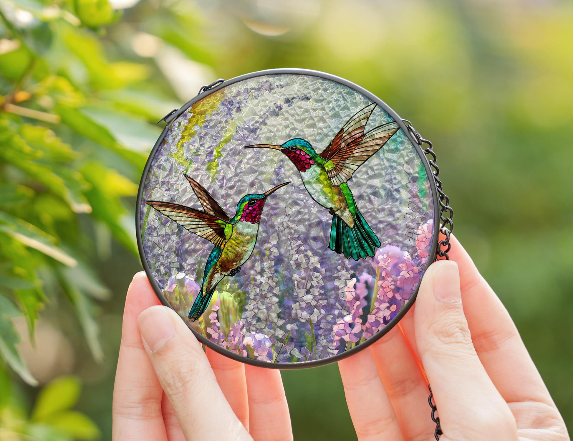 hummingbirds and lavender field suncatcher held in hands