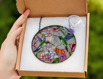 Colorful Hummingbird Faux Stained Glass Window Art