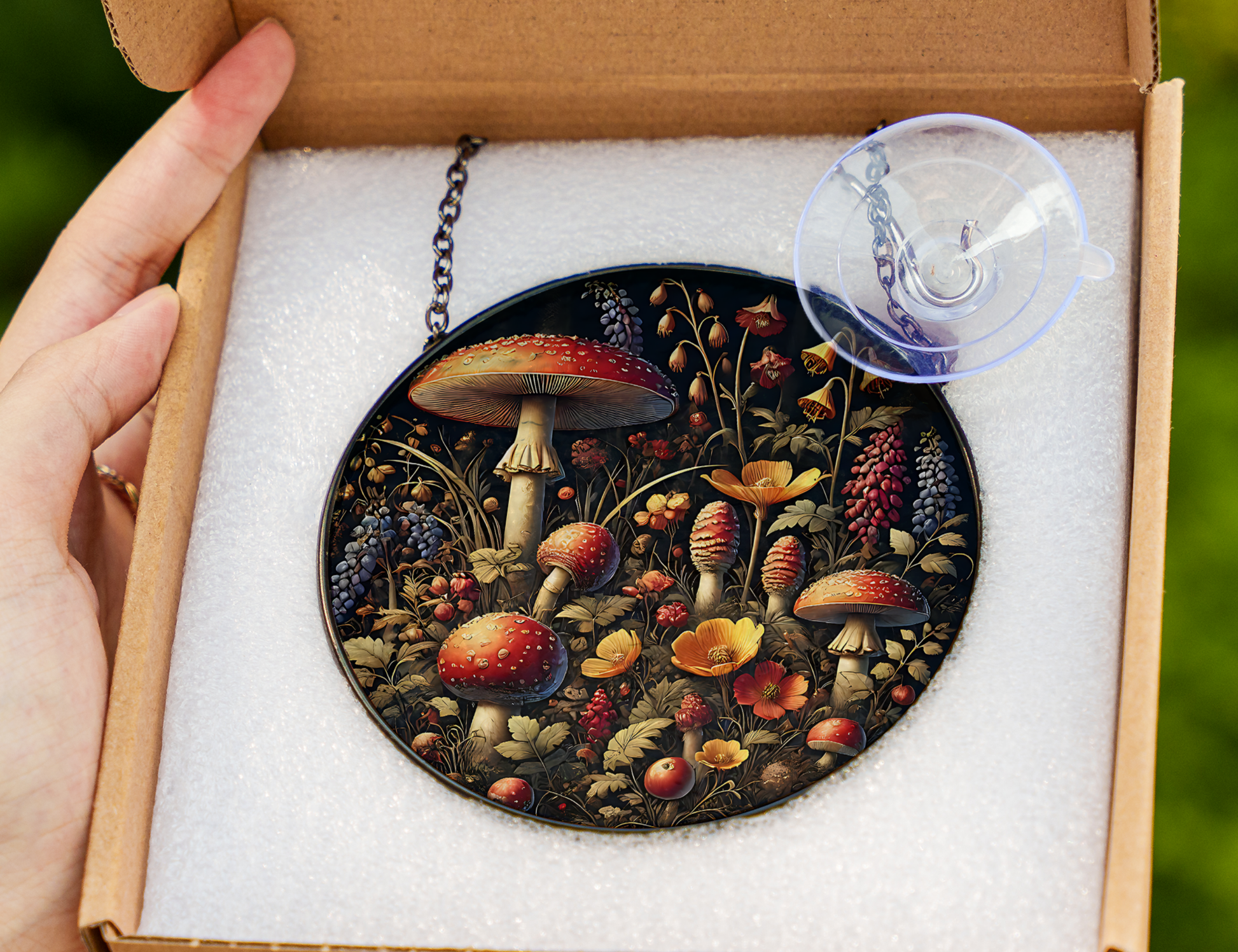 mushrooms and wildflowers suncatcher in packaging