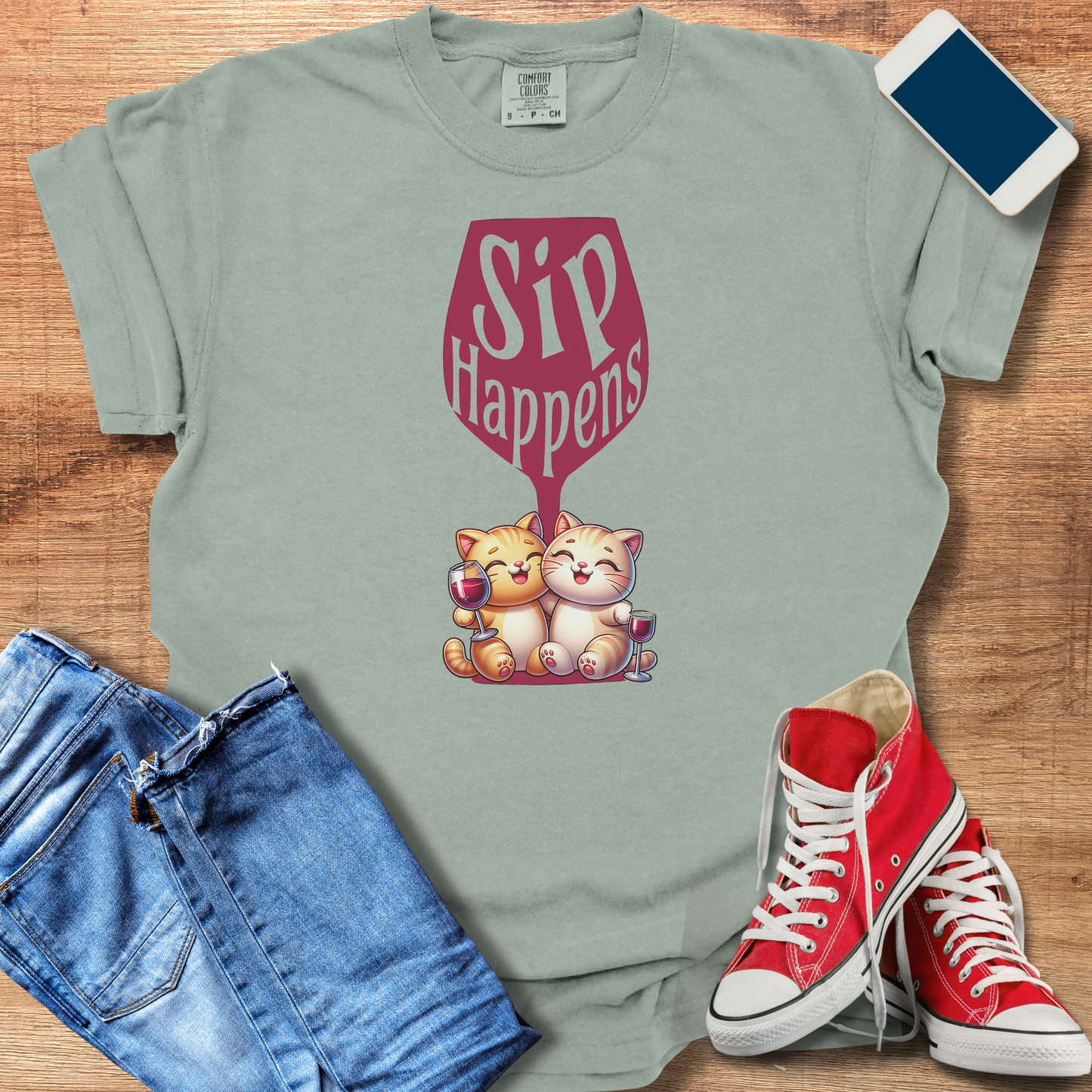 Sip Happens Wine Cat Shirt: Fun Cat Shirt for Wine Lovers