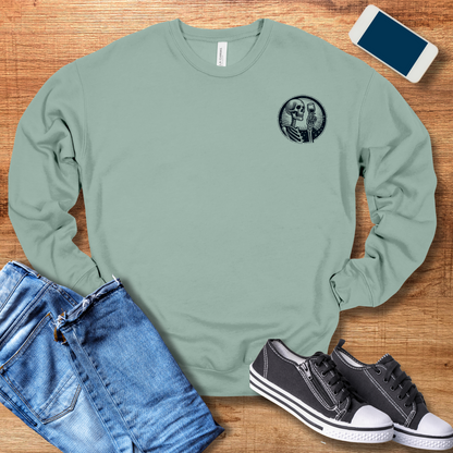 front pocket design of skeleton and wine on dusty blue color sweatshirt