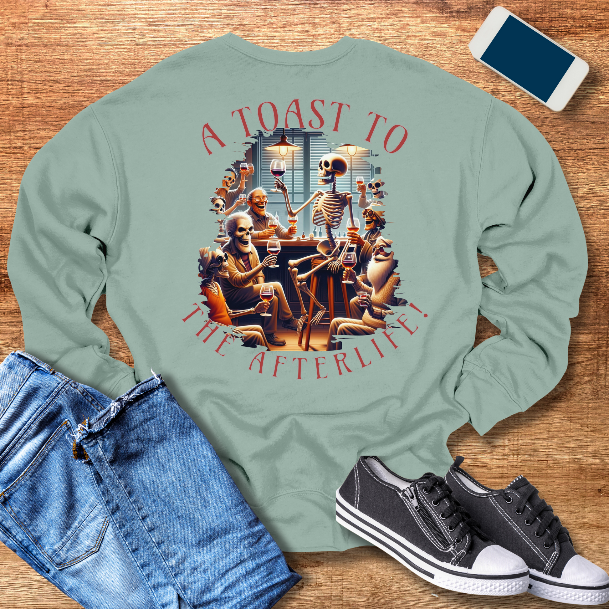 toast to afterlife skeleton and wine crewneck sweatshirt in dusty blue