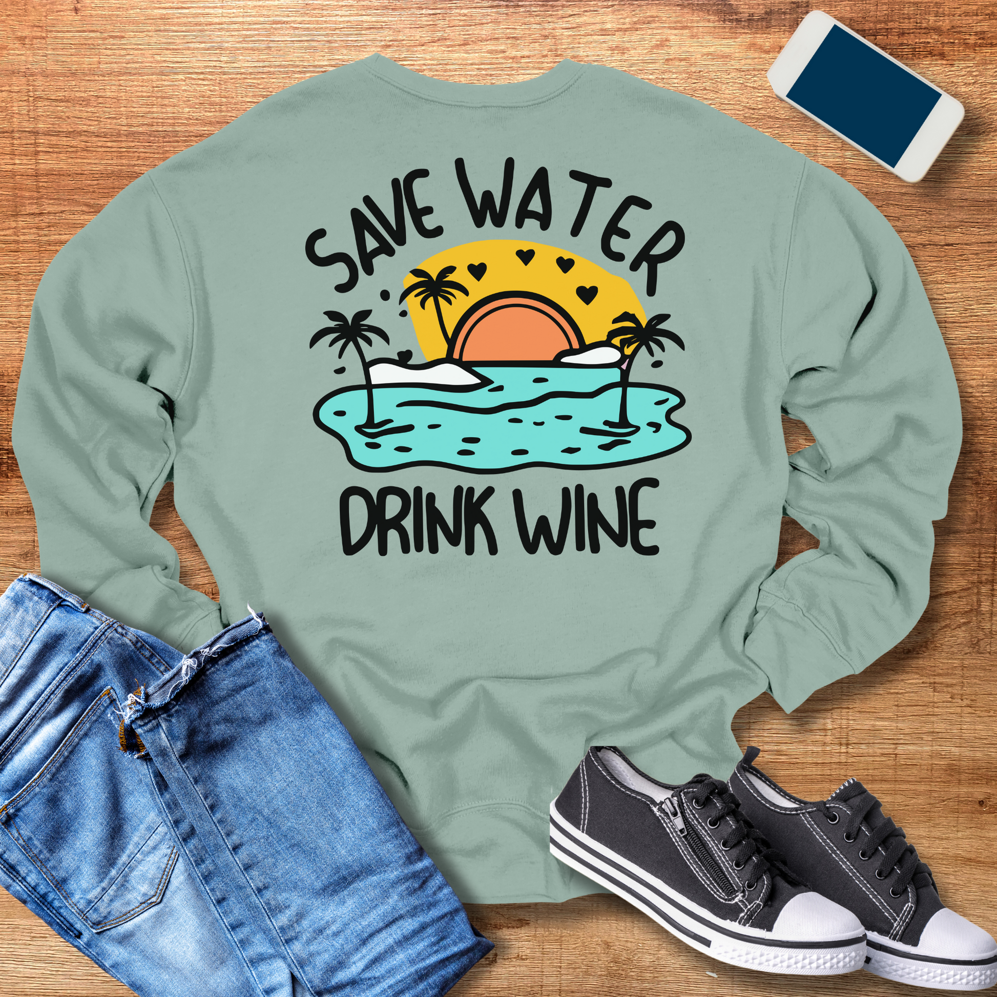 save water drink wine crewneck sweatshirt in dusty blue