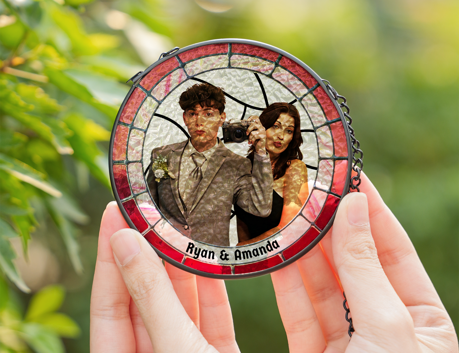 personalized photo suncatcher red and pink border