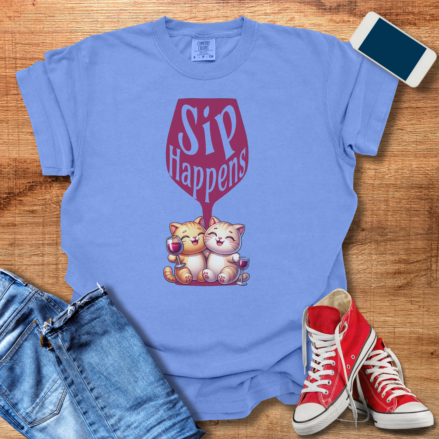 Sip Happens Wine Cat Shirt: Fun Cat Shirt for Wine Lovers