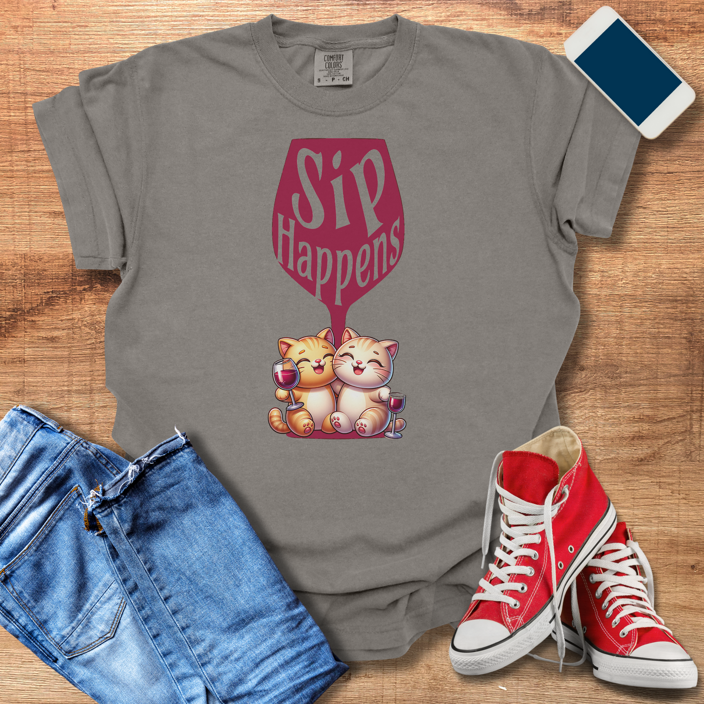 Sip Happens Wine Cat Shirt: Fun Cat Shirt for Wine Lovers