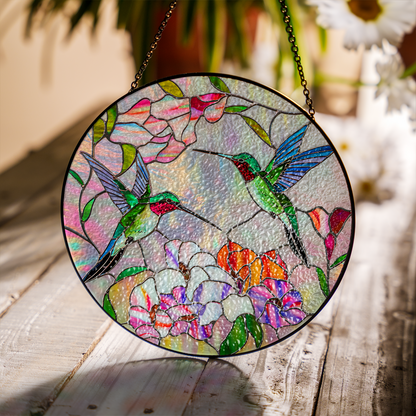 Colorful Hummingbird Faux Stained Glass Window Art