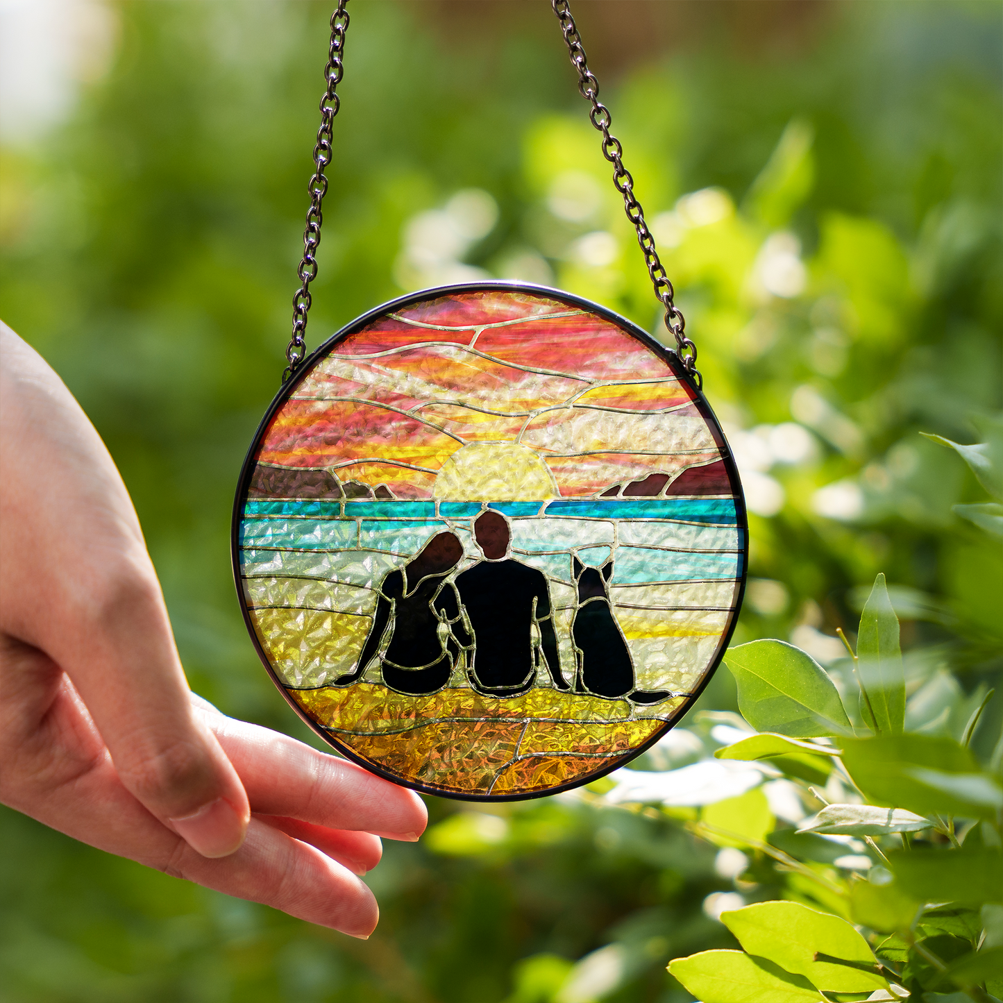 couple and dog at beach at sunset suncatcher oudoor