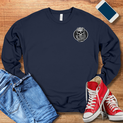 skeleton hand holding beer on front of navy colored sweatshirt