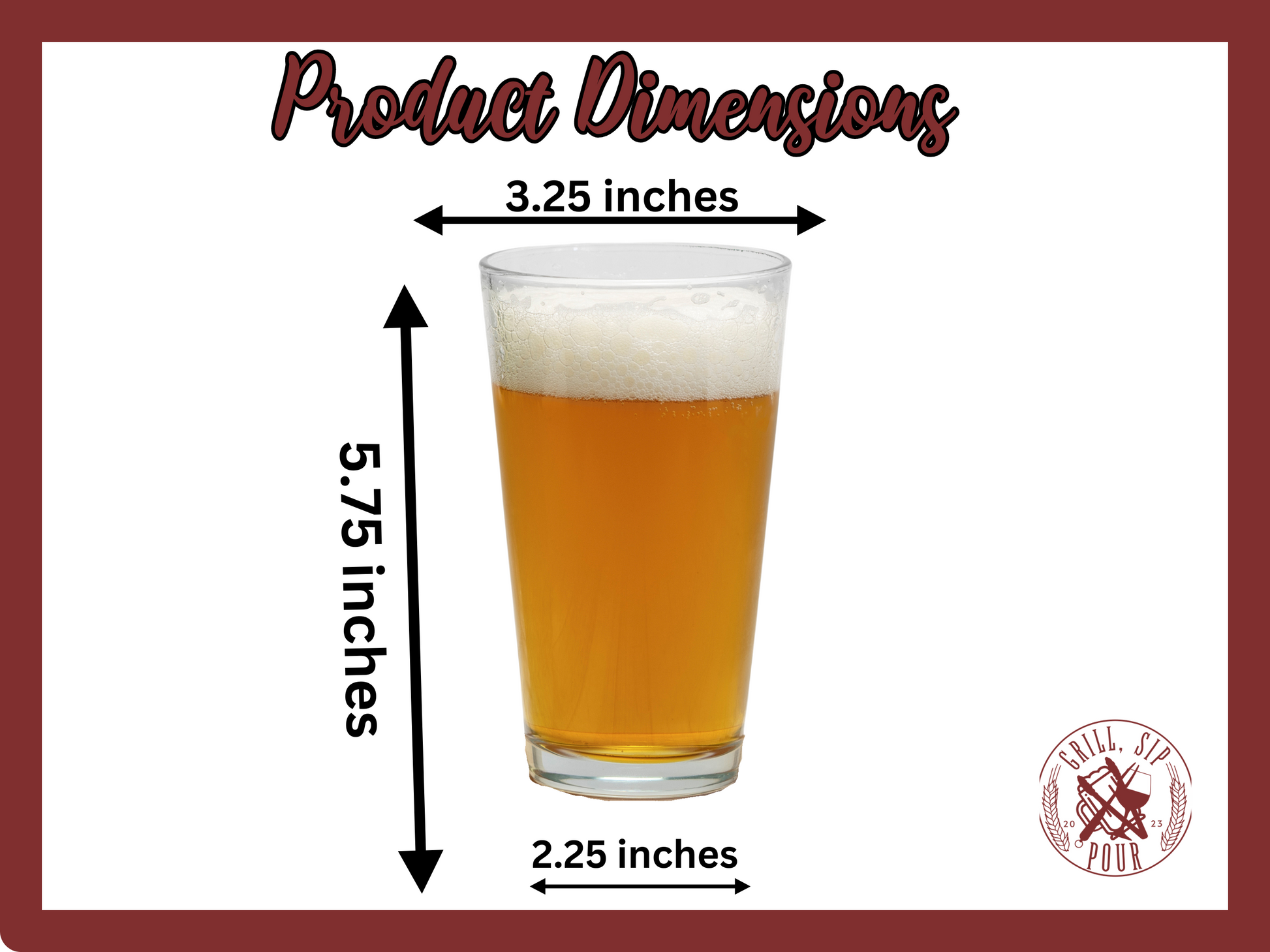 product dimensions for personalized pint glass 