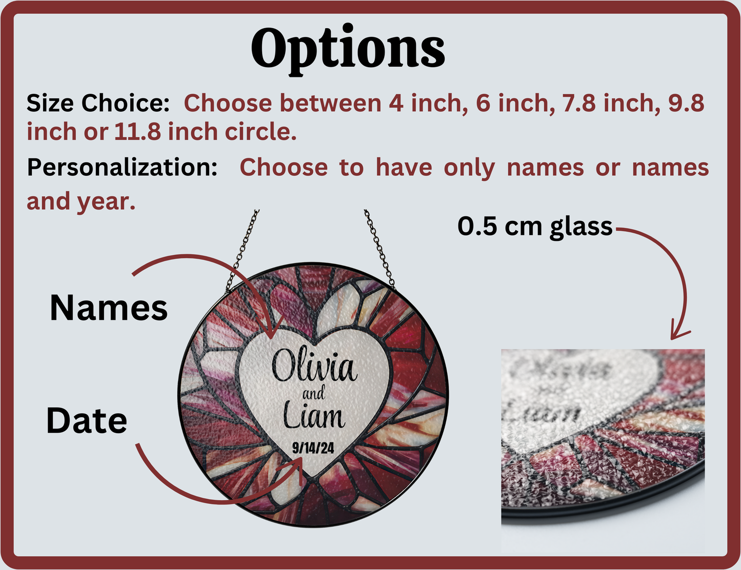 personalization options for personalized heart suncatcher