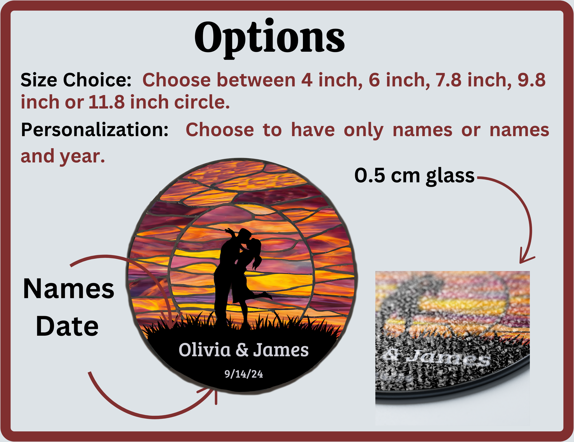 personalization options for kissing couple at sunset suncatcher