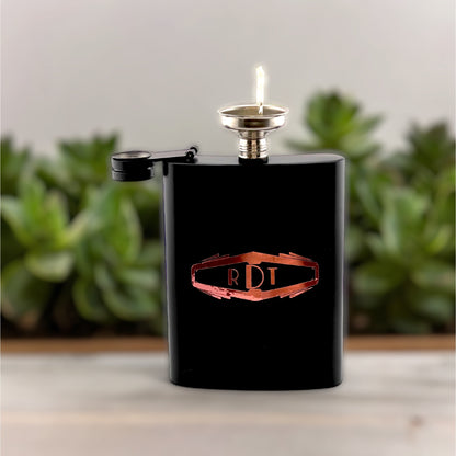 art deco black flask with funnel three initial design