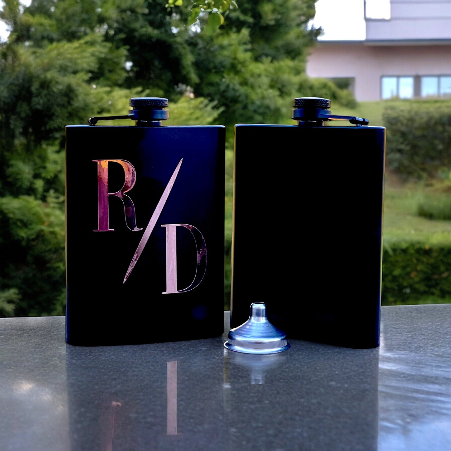 black flask with funnel personalized with initials