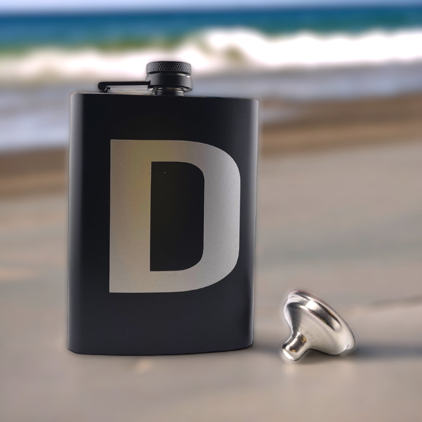 one large letter on black flask funnel design