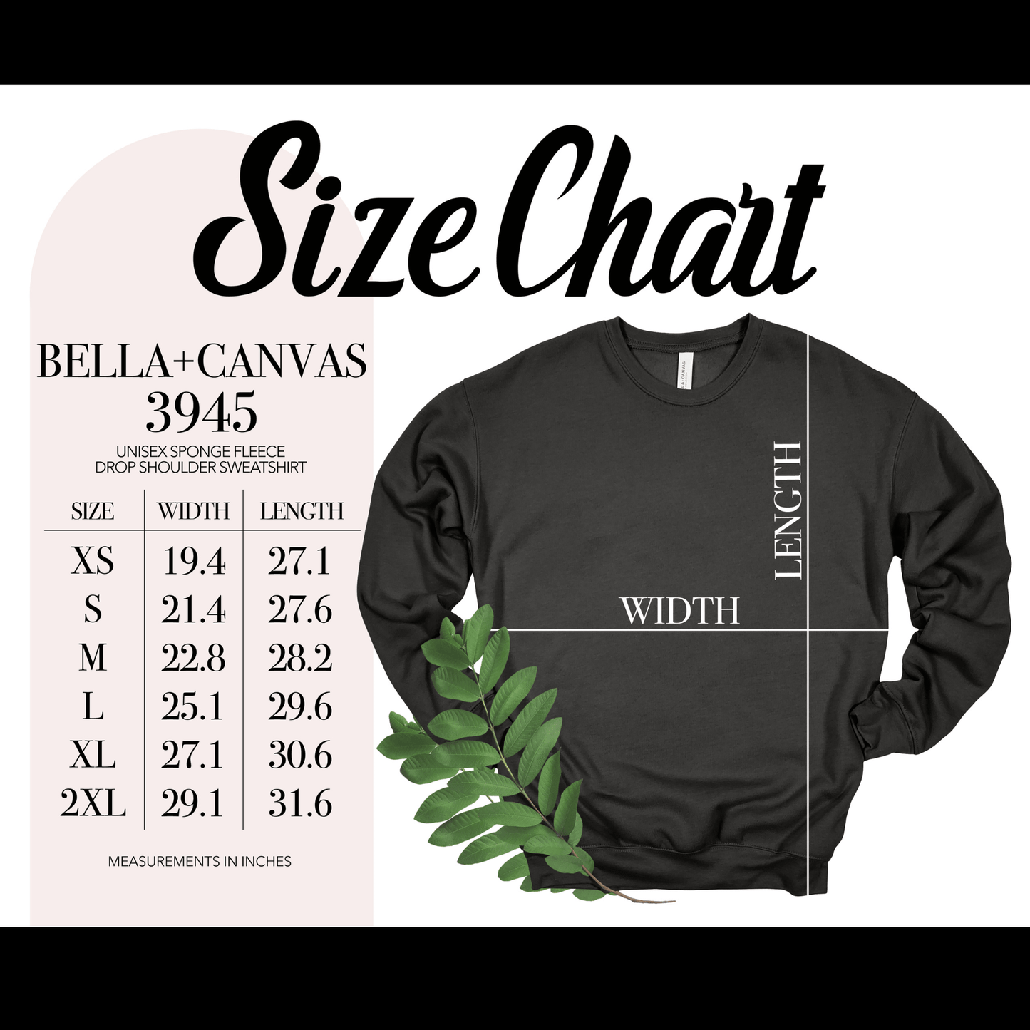 size chart for 3945 bella canvas beer sweatshirt