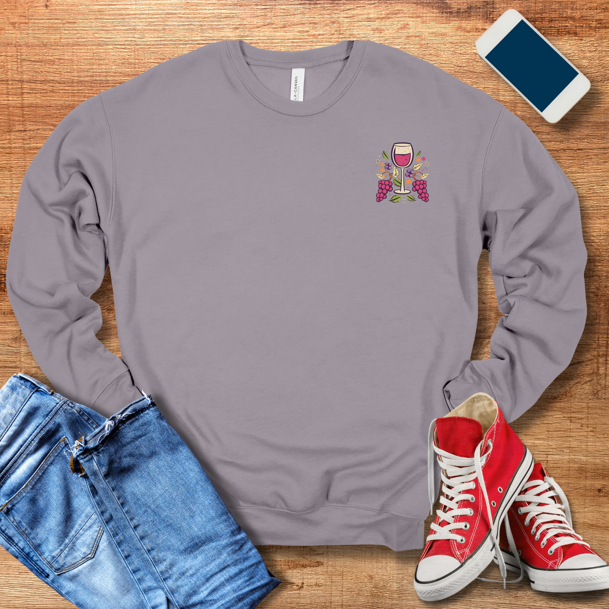 wine pocket design on storm color wine sweatshirt