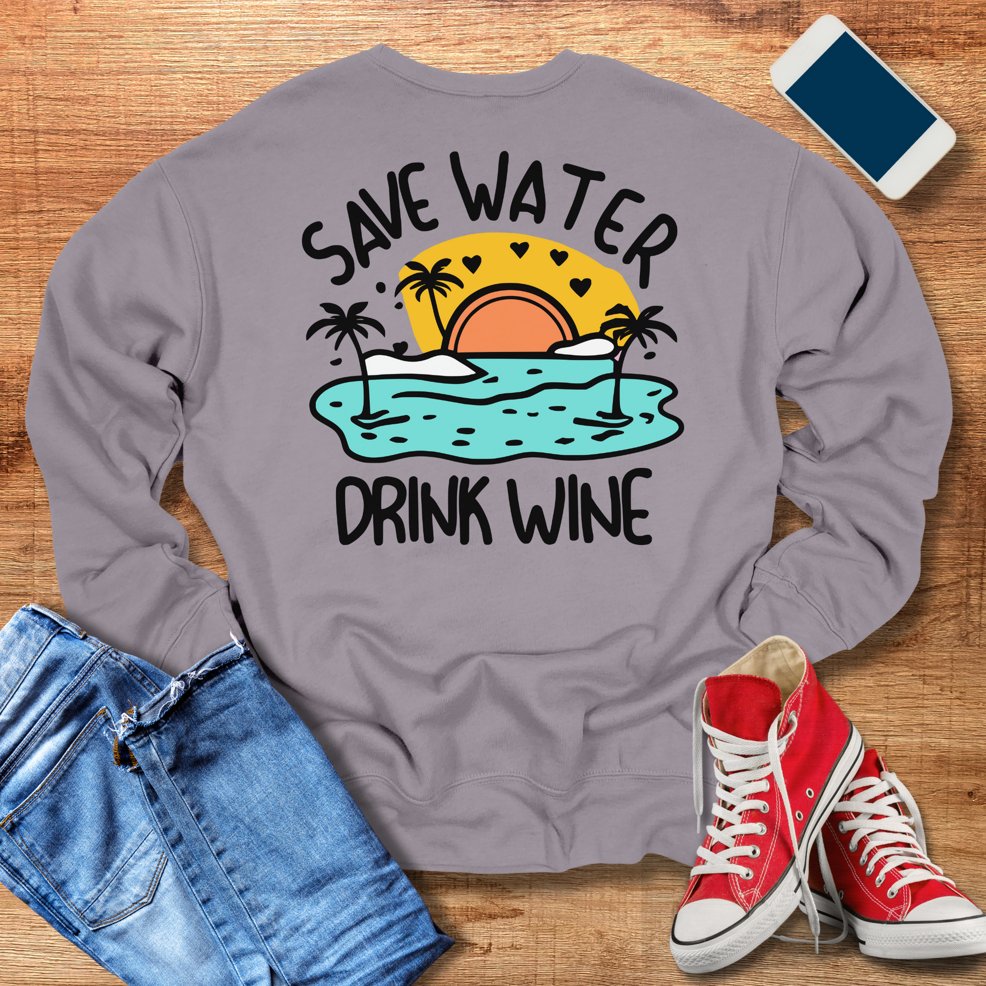 save water drink wine crewneck sweatshirt in storm