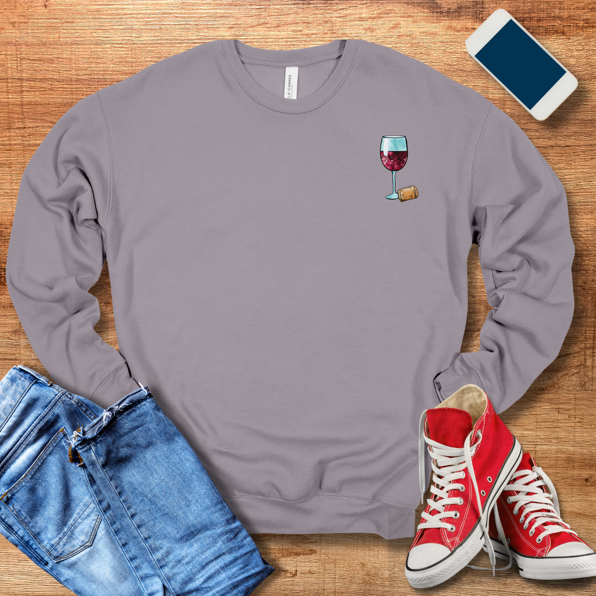 wine glass pocket design on crewneck sweatshirt in storm color