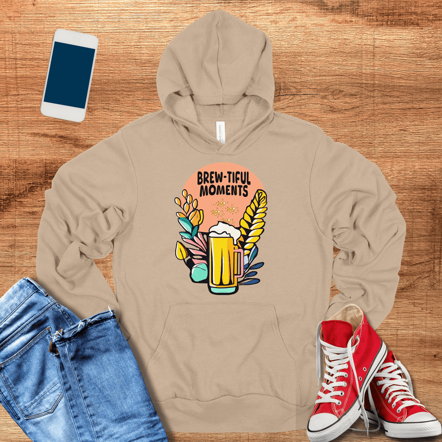 tan color hoodie with brew-tiful moments beer design