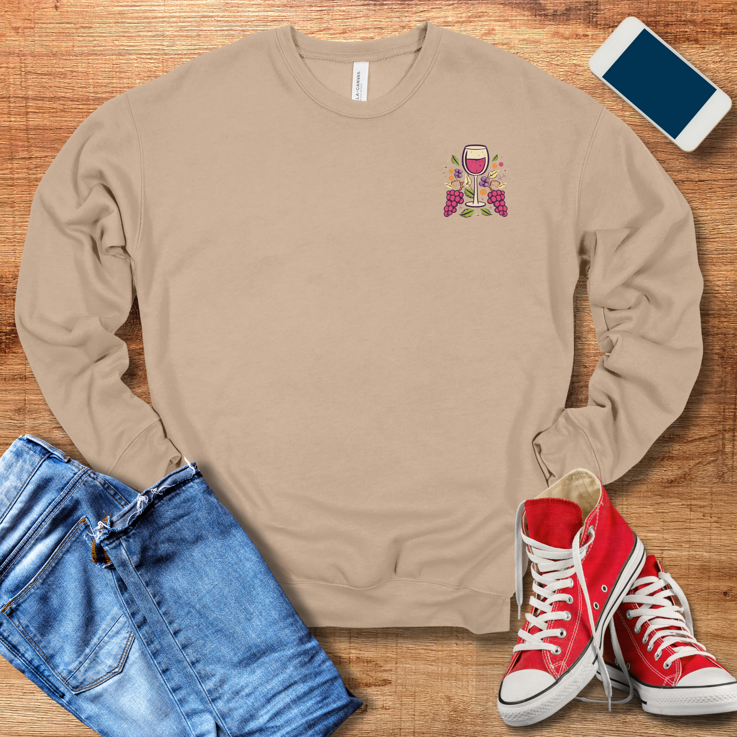 tan color front of wine sweatshirt