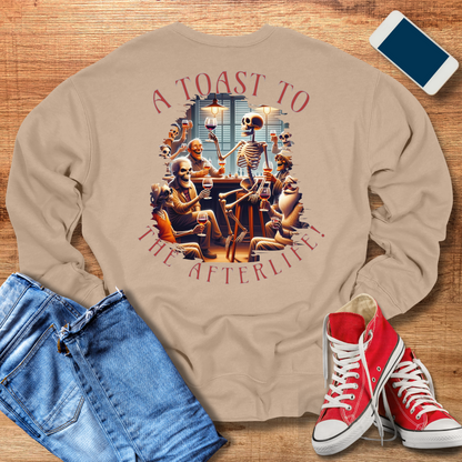 toast to afterlife skeleton and wine crewneck sweatshirt in color tan