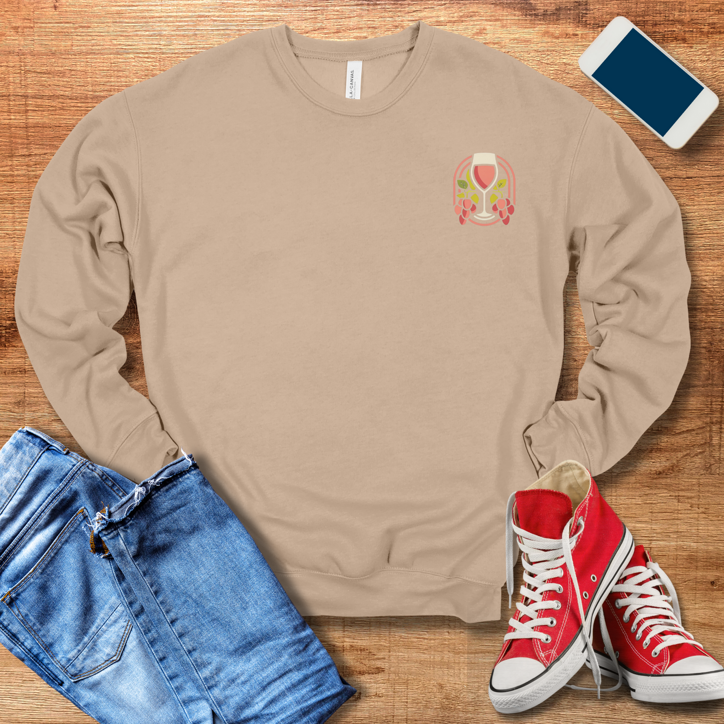 tan colored crewneck sweatshirt with wine glass