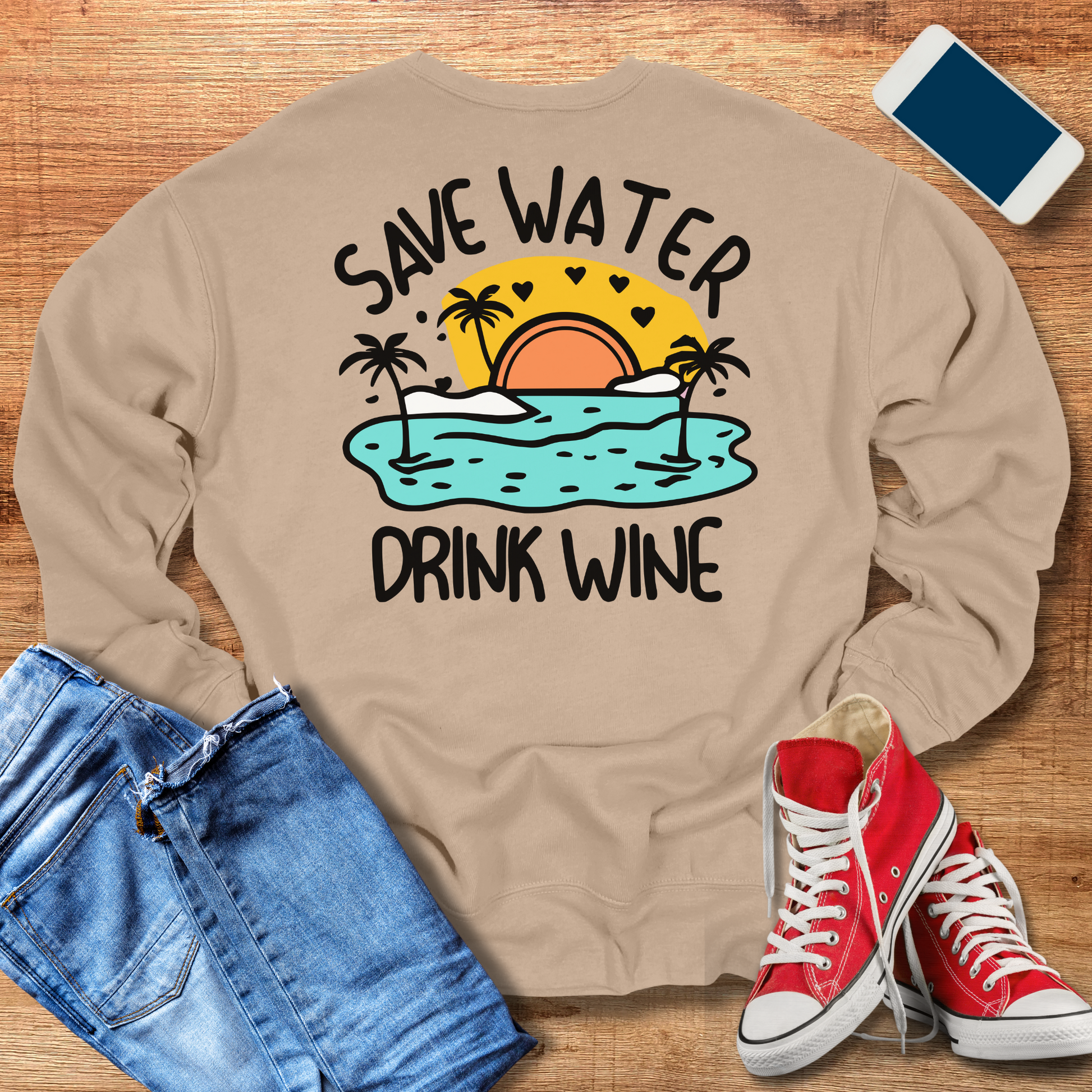 save water drink wine crewneck sweatshirt in tan