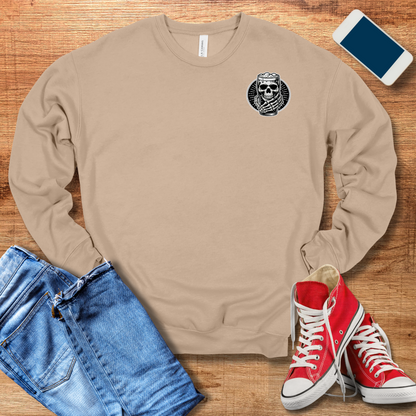 skeleton hand holding beer on front of sweatshirt