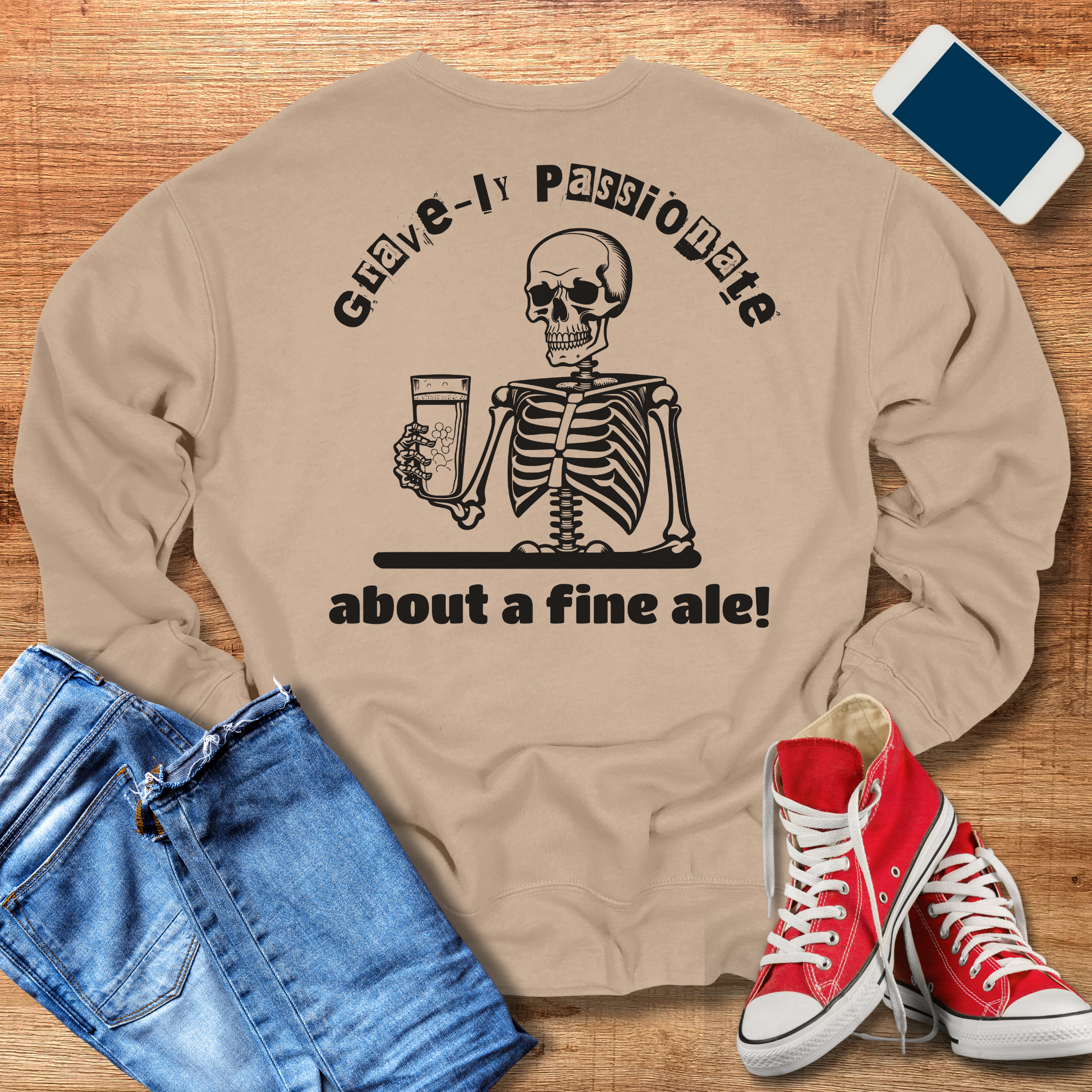 beer skeleton crewneck sweatshirt in the color tan