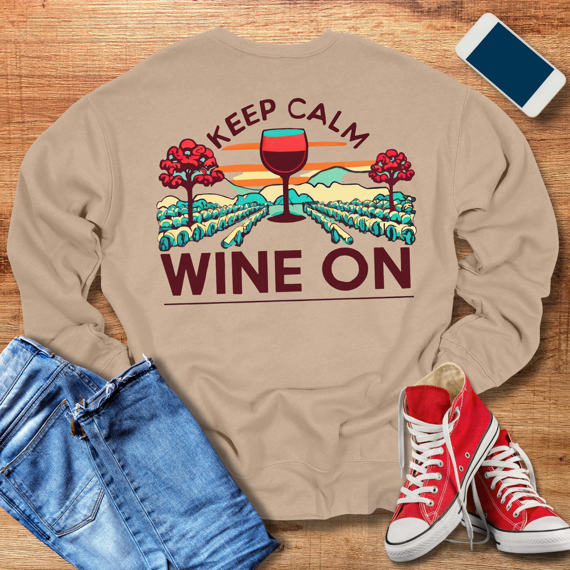 keep calm wine on crewneck sweatshirt in the color tan