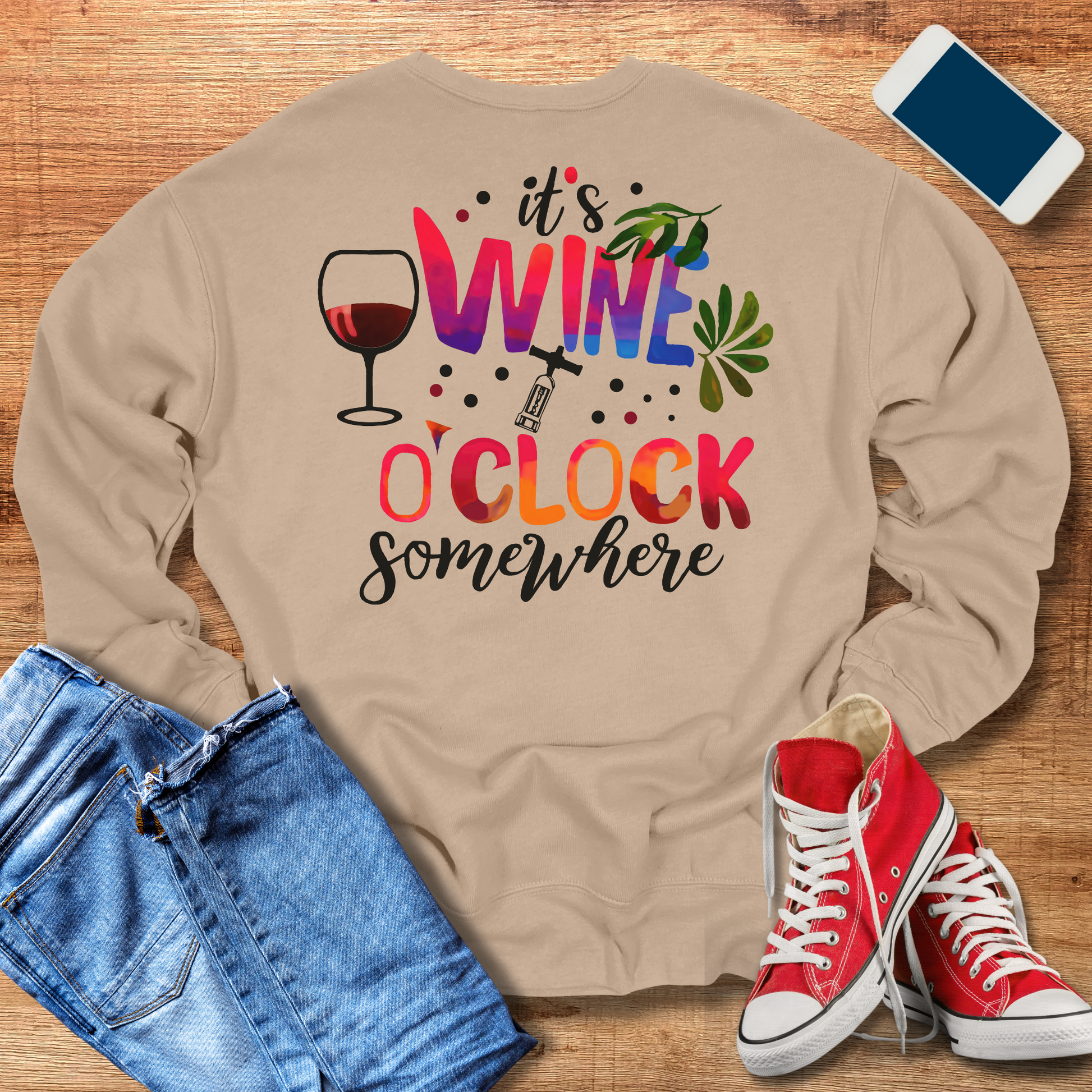 wine o'clock crewneck sweatshirt in tan