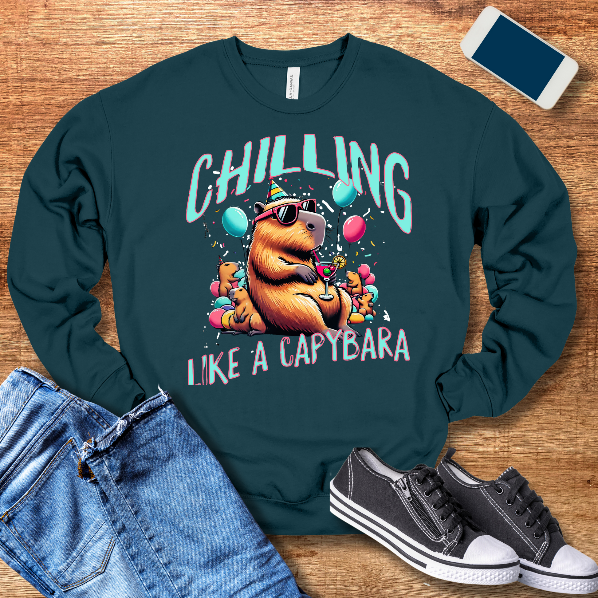 chilling like a capybara crewneck sweatshirt color atlantic