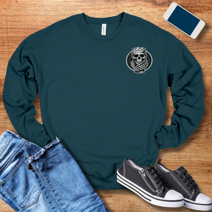 skeleton hand holding beer on front of atlantic color sweatshirt