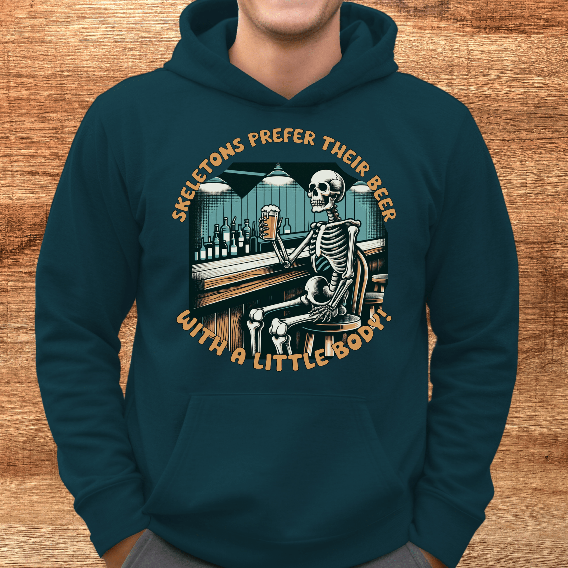 atlantic color skeleton beer hoodie on model